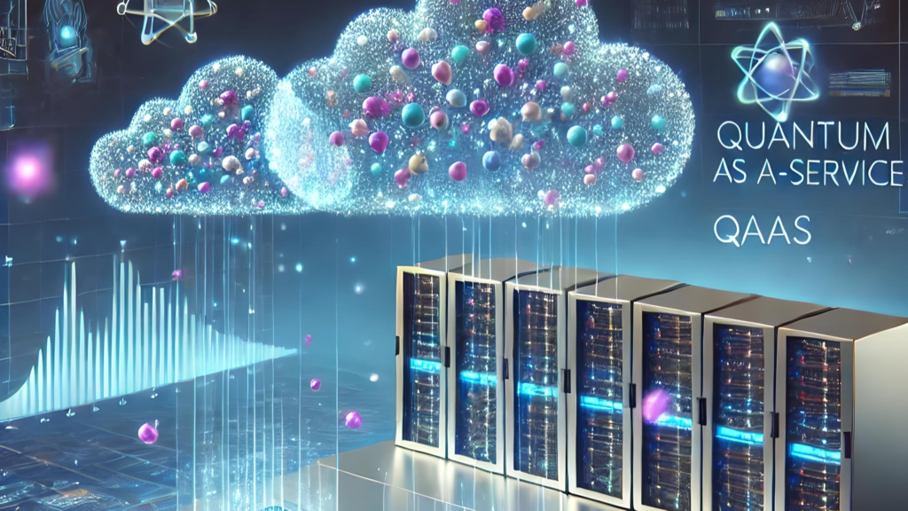 a futuristic concept illustration of quantum-as-a-service (qaas), showing a cloud-based quantum computing platform