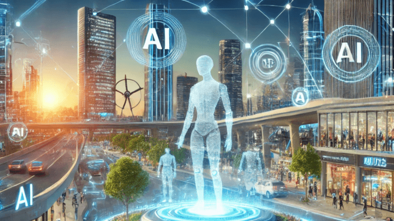 futuristic cityscape showcasing advanced AI technology in 2025, featuring autonomous robots working alongside humans, AI-driven vehicles