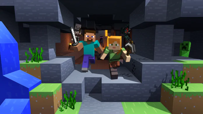 Minecraft characters exploring an underground cave with a waterfall in an unknown seed